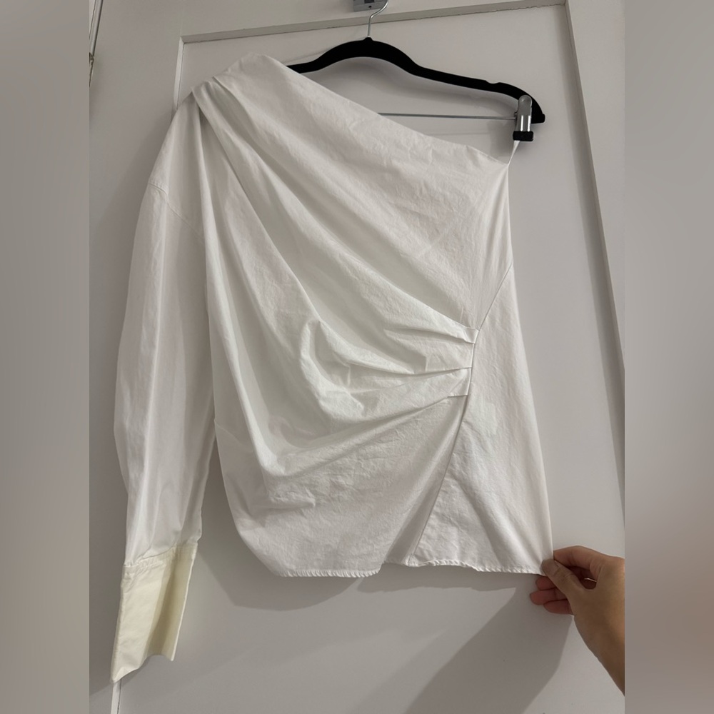 Zara White Asymmetrical Draped Blouse | Shoulder Button Detail on back | Size S